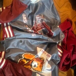 Cropped Varsity Jacket with Bear Print - Gray and Red